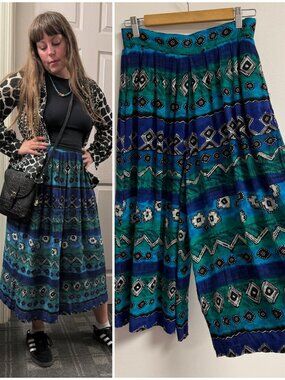 Vintage Wide Leg Culotte Gaucho Pleated Printed Cropped Pants Casual Corner M/L